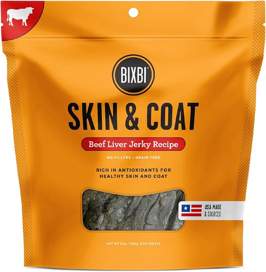 BIXBI Skin & Coat Support Beef Liver Jerky Dog Treats, 12 oz - USA Made Grain Free Dog Treats - Antioxidant Rich to Support Shiny, Full Bodied Coats - High in Protein, Whole Food Nutrition, No Fillers