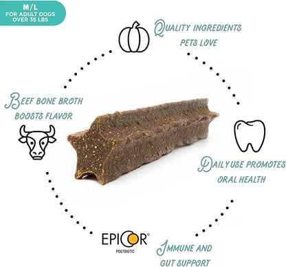 Dental+ Sticks for Dogs Over 35 lbs- Gut Support, with Beef Bone Broth, All Natural, EpiCor postbiotic, Made in The USA, Dental+ Bag, M/L - 11.3 oz.