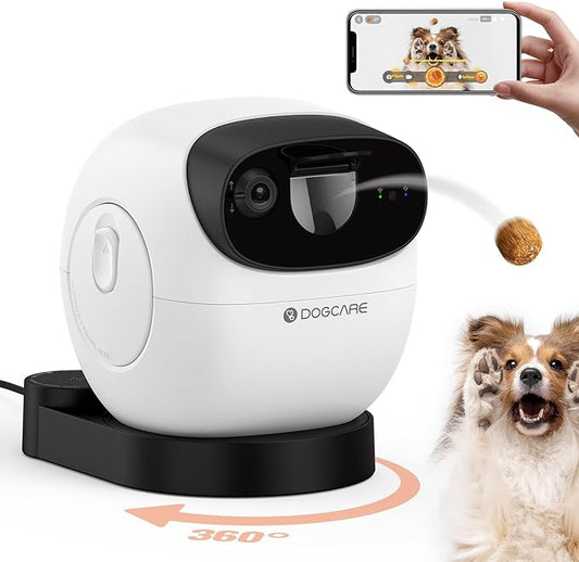 DOG CARE Dog Camera Treat Dispenser, 1080p HD 360° View Pet Camera with AI Tracking, Barking Alert, Selfie Alert, 2-Way Audio, Night Vision, 2.4G/5G WiFi Pet Monitor for Dogs Cats (White)