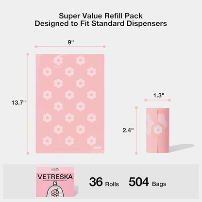 VETRESKA Lavender Scented Dog Poop Bags, Leak Proof, Extra Thick and Large Dog Waste Bags for Dog Walking and Cat Litter, 36 Refill Rolls, 540 Bags, Pink