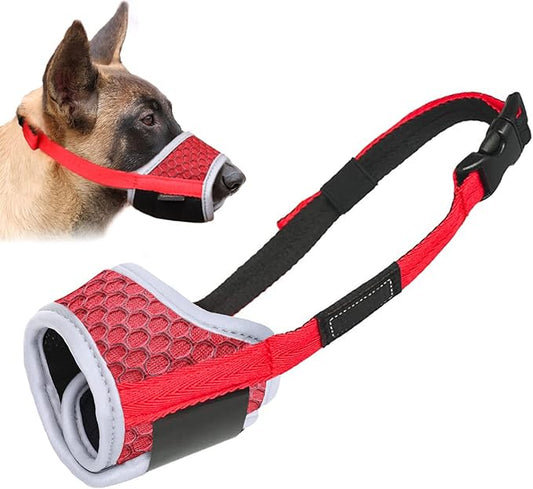 Dog Muzzle Anti Biting Barking and Chewing with Comfortable Mesh Soft Fabric and Adjustable Strap, Suitable for Small, Medium and Large Dogs(Red(3D Mesh),L)