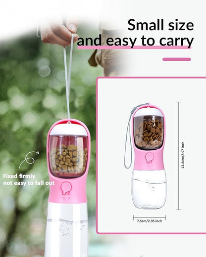 Dog Water Bottle 2 in 1, Leak Proof Portable Pet Water Bottle with Food Container, Outdoor Portable Water Dispenser for Cat, Puppy for Walking, Hiking, Camping, Travel(10oz Pink)