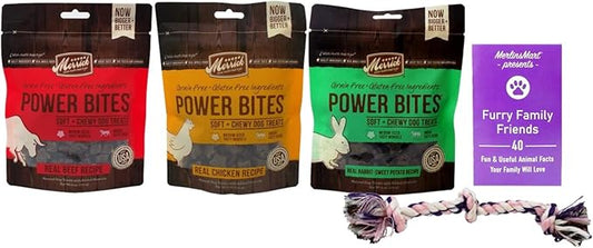 Merrick Power Bites Soft Chewy Dog Treats 3 Flavor Variety - (1) Each: Real Beef, Chicken, Rabbit Sweet Potato (6 Ounces) - Plus Rope Toy and Fun Animal Facts Booklet Bundle
