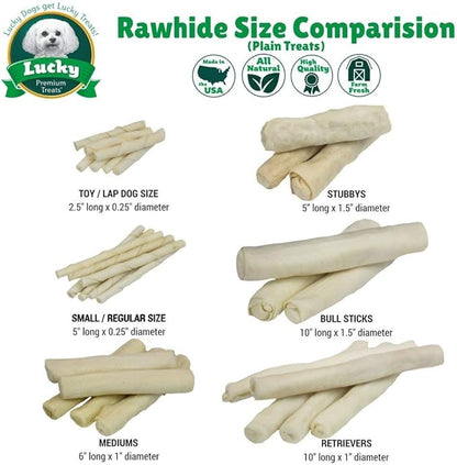 Lucky Premium Treats Plain Rawhide Sticks – All-Natural Rawhide Dog Treats for Small Dogs, Gluten Free Premium Small Dog Treats (125 Chews)