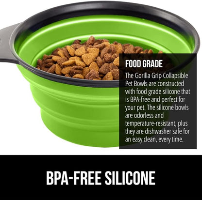 Gorilla Grip Collapsible Dog Bowl, Silicone Set of 2 Travel Bowls with Carabiner, Foldable and Portable Accessories for Cat and Dogs, Small Pet Hiking Supplies, Food and Water, 1 Cup, Royal Blue/Green