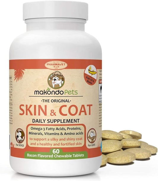 Skin and Coat Supplement with Fish Oil and Omega 3 for Dogs and Cats - Dog Itch Relief Pet Supplement for Shedding, Dry Itchy Skin and Allergies - Dog Allergy Treatment Vitamins (60 Chewable Tablets)