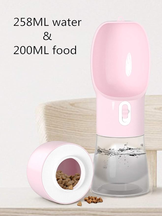 Outdoor Dog Water Bottle Dispenser - Leak Proof Water Bottle for dogs On The Go with Food Container Multifunctional Travel Dog Water Bottle（Pink）