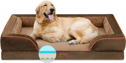 Cooling Dog Bed for Extra Large Dogs, Orthopedic Memory Foam Dog Bed, XL Dog Bed with Removable Cover, Waterproof Pet Bed Large with Bolster(X-large,Khaki Brown)