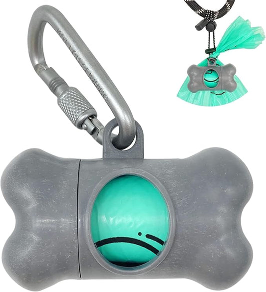 Dog Poop Pickup Bags Holder Dispenser with Standard-Sized Leak-Proof Scented Doggy Waste Bags and Carabiner with Safety Lock&Fastener Never Loose on Leash Lead Again (1 Holder 15 Bags, Grey)