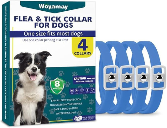 4 Pack Flea Collar for Dogs, Natural Flea and Tick Collar for Dogs, 8 Months Flea and Tick Prevention for Dogs, Tick Collar for Dogs, Water Resistant Dog Flea Collar, One Size Fits All, Blue