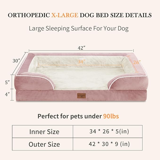 Waterproof Orthopedic Foam Dog Beds XL Dog Bed, Extra Large Dogs with Bolster, Washable Dog Bed Sofa Pet Bed with Removable Cover & Non-Slip Bottom(X-large,Pink)