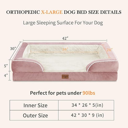 Waterproof Orthopedic Foam Dog Beds XL Dog Bed, Extra Large Dogs with Bolster, Washable Dog Bed Sofa Pet Bed with Removable Cover & Non-Slip Bottom(X-large,Pink)