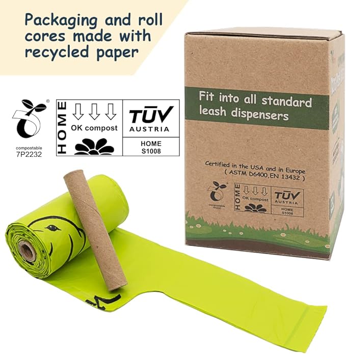Ley's Compostable Dog Poop Bags, Plant-Based Biodegradable Doggie Waste Bags with Easy Tie Handles, Unscented, Vegetable-Based, Dog Bags Refill Rolls with Dispenser