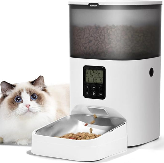 Automatic Cat Feeder, Cat Food Dispenser with 10s Voice Recorder, Pet Feeder up to 8 Meals per Day, Timed Cat Feeder with Dry Food Sealed Ring(White, 4L)