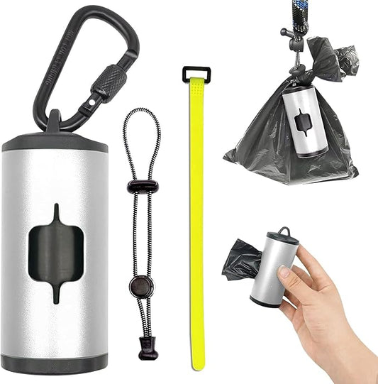 Metal Dog Poop Bags Holder Aluminum Poo Bags Dispenser with 15 Black Unscented Pet Waste Bags and 3 Leash Accessories for Dog Walking(1 Holder 15 Bags,Silver)