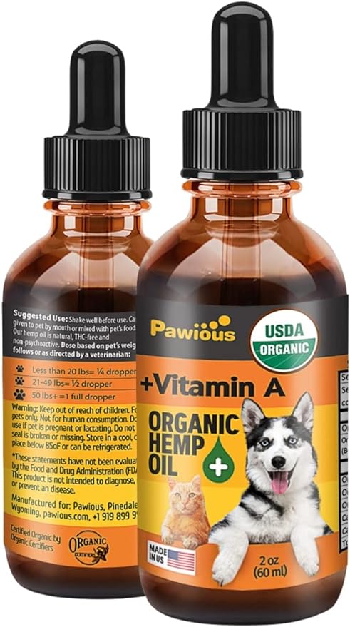 Hemp Oil for Dogs and Cats - USDA Organic, Large 2oz Bottle, Made in USA - Omega 3, 6 and 9, Vitamins A and E - Hip and Joint Support - Anxiety, Arthritis and Seizures Relief, Calming Aid