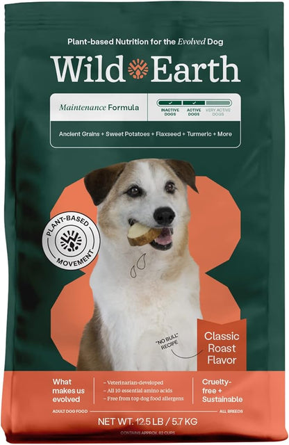 Wild Earth Vegan Dry Dog Food | Plant-Based Maintenance Formula | Vegetarian, Allergy Relief, Veterinarian-Developed for Complete Nutrition | Classic Roast Flavor, 12.5 Pound Bag
