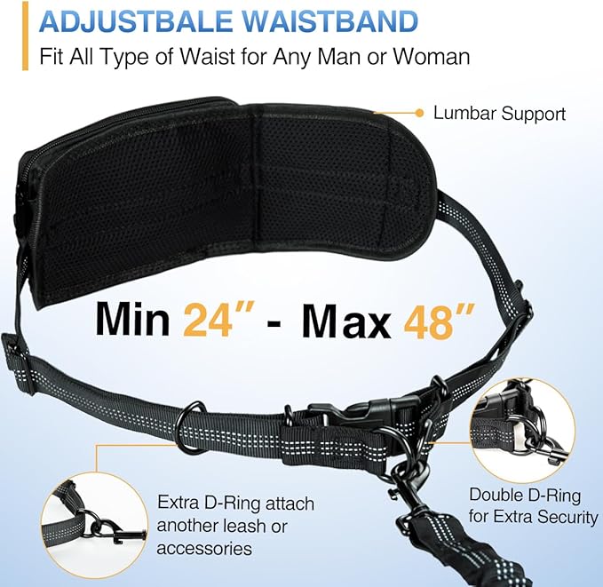Kytely Hands Free Dog Leash with Zipper Pouch, Wide Padded Waist Dog Running Leash, Dual Padded Handles, Retractable Bungee for Walking Jogging Training Hiking