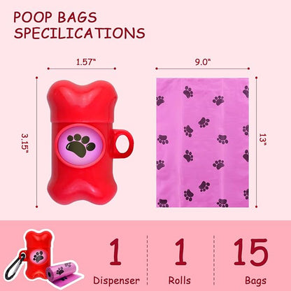 Dog Poop Bags Dispenser with Carabiner Clip, Doggy Poop Bag Holders for Leashes Include 1 Roll (15 Bags) Leak-Proof Large Lavender Scented Doggie Pet Waste Bags, Eco-Friendly Dog Accessories, Red