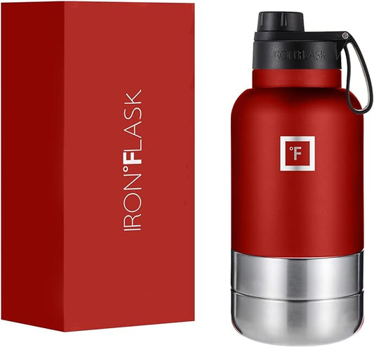 IRON °FLASK Portable Dog Water Bottle & Bowl - All-in-One Travel Accessories Pet Food & Liquids for Car, Hiking, Camping - Leak-Proof, Double Walled, Insulated - 32 oz, 2 Dog Bowls - Fire Red