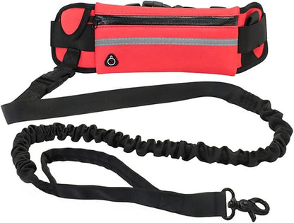 Hands Free Dog Leash with Pouch,Adjustable Waist Belt Fanny Pack Dual-Handle Reflective Bungee Leash for Medium to Large Dogs for Running Walking Training Jogging,Red