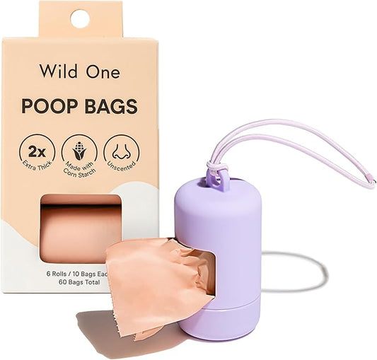 Wild One Dog Poop Bag Holder and Dispenser with Leash Attachment, Leak Proof, Easy Twist Top for Refills, Includes 1 Box Poop Bags, Lilac