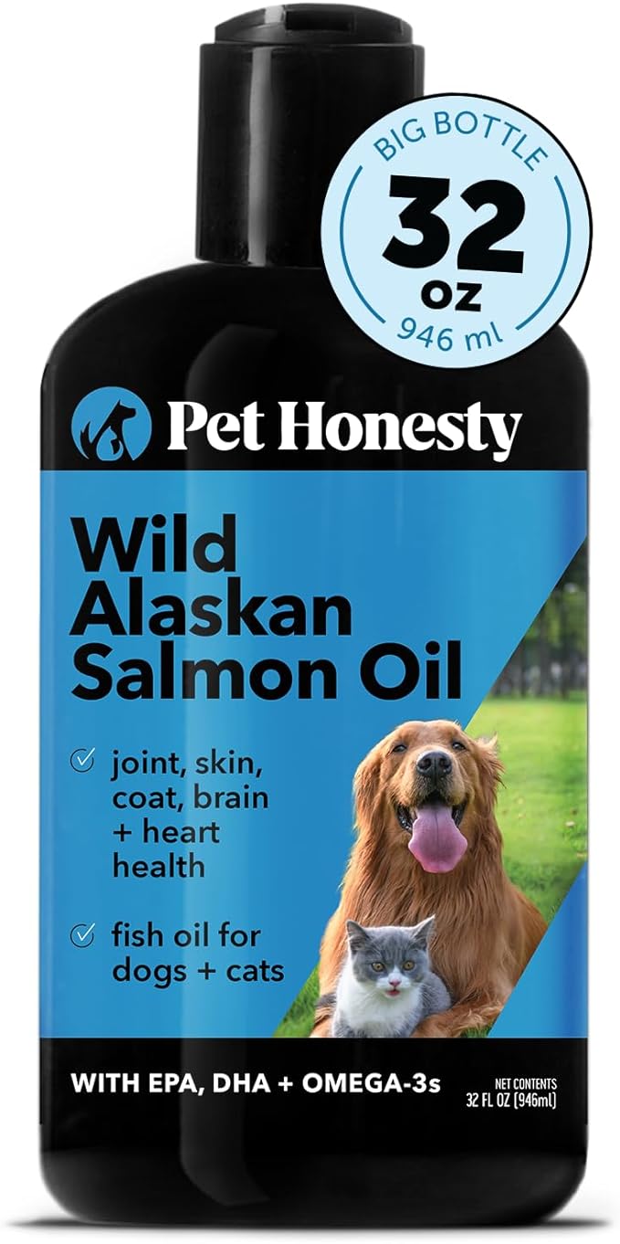 Pet Honesty Wild Alaskan Salmon Oil, Omega-3 Fish Oil for Dogs and cats, Fatty Acids, Salmon Oil for Dogs, Skin and Coat health, Pure Dog Food Topper, Supports Joints, Brain & Heart Health - 32oz