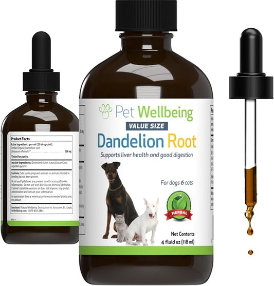 Pet Wellbeing Dandelion Root for Dogs & Cats - Liver, Digestive, Cardiovascular, Blood Sugar Support - Natural Herbal Supplement 4 oz (118 ml)