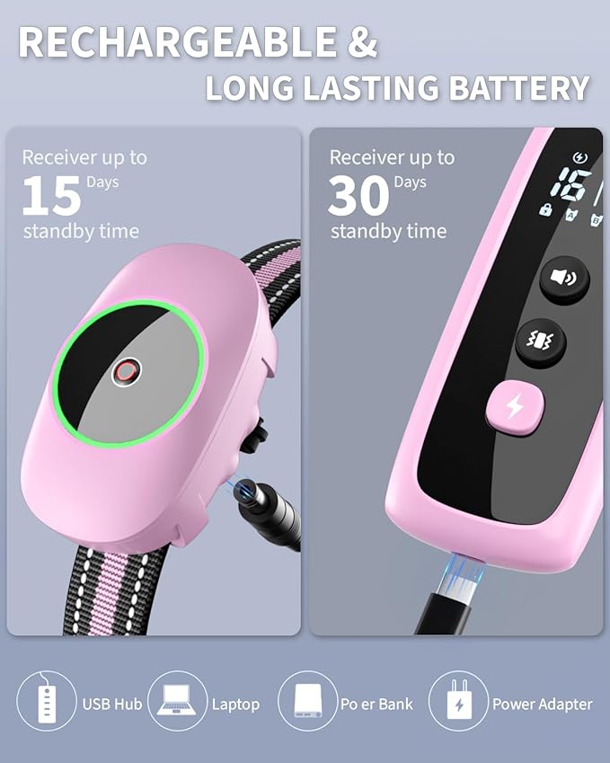 Dog Shock Collar for 2 Dogs, Dog Training Collar with Remote for Large Medium Small Dogs, Rechargeable E-Collar Waterproof Collars with 3 Training Modes, Range up to 3300Ft-Pink