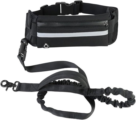 Hands Free Dog Leash with Pouch,Adjustable Waist Belt Fanny Pack Dual-Handle Reflective Bungee Leash for Medium to Large Dogs for Running Walking Training Jogging,Black
