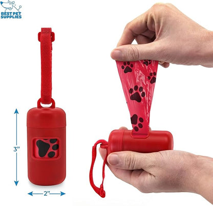 Best Pet Supplies Dog Poop Bag Holder Leash Attachment with 30 Bags, Reusable Dispenser for Travel, Walking, Park, and Outdoor Use, Durable with Clip-On - Red, Pack of 2