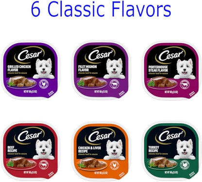 Cesar Soft Wet Dog Food Bundle with 12 Flavors 3.5 oz (1 Unit Each Flavor). Total of 12 Pieces with Magnet and Roll of Poop Bags!!!!