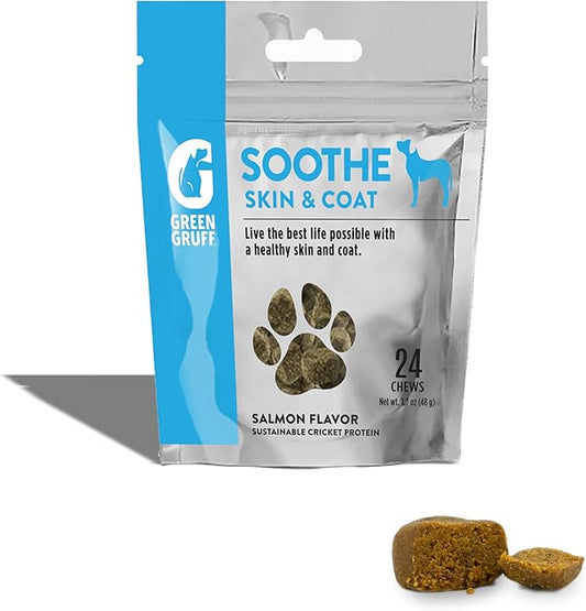 Green Gruff Soothe Dog Skin and Coat Supplement - Healthy Coat for Dogs, Dog Itching Skin Relief - Organic Dog Allergy Chews with Omega 3 - Made in USA - 24 Chews