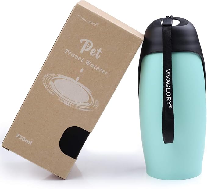 VIVAGLORY Dog Water Bottle, Pet Drinking Bottle, 25oz Portable & Leakproof Stainless Steel Dog Travel Water Bottle Bowl with Large Trough for Walking & Hiking, Mint Green