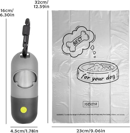 Dog Poop Bag Dispenser with Flashlight|Dog Poop Bag Holder with Leash Clip|Hands-Free Leash Poop Bag Holder with Straps and 1 Roll Dog Waste Bags (Gray)