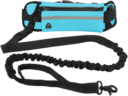 Hands Free Dog Leash with Pouch,Adjustable Waist Belt Fanny Pack Dual-Handle Reflective Bungee Leash for Medium to Large Dogs for Running Walking Training Jogging,Blue