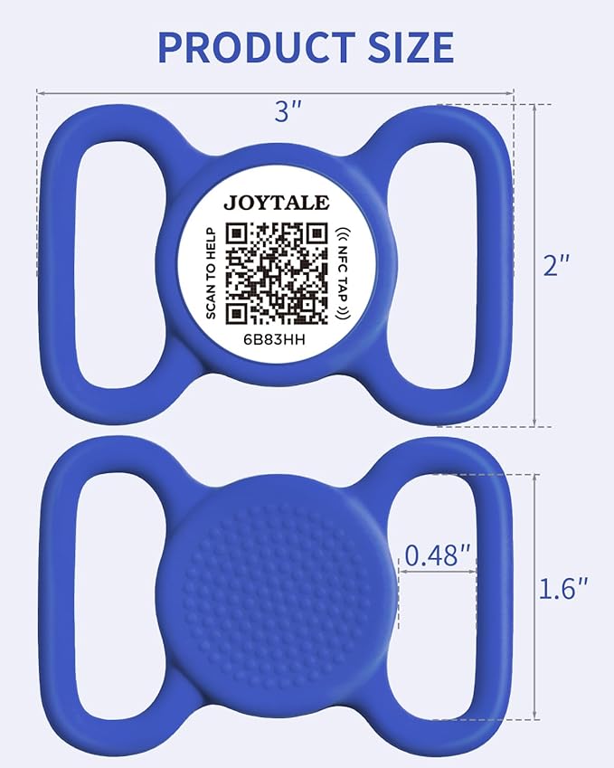 Joytale [ NO APP Required ] Silent Silicone QR Code Dog Tag, Slide On Dog Tags for 1.2-1.6Inch Collars or Vest, NFC Pet Online Profile, Scan QR to Send Location Alert Email, Navy Blue, L