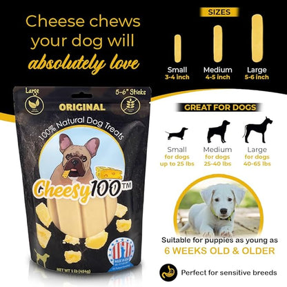 Cheese Dog Chews|US-Crafted for Puppies & Dogs |Softer Natural Alternative to Himalayan Dog Chews & Yak Chews| Salt & Rawhide-Free| Tastier than Yak Chews (6 Large Sticks)