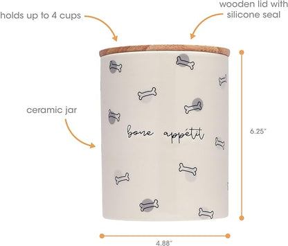 Pearhead Bone Appetite Treat Jar, Ceramic and Wood Pet Treat Canister, Modern Neutral Color Home Kitchen Accessories, Dishwasher Safe, Silicone Seal Lid For Freshness, Dog Biscuit Storage