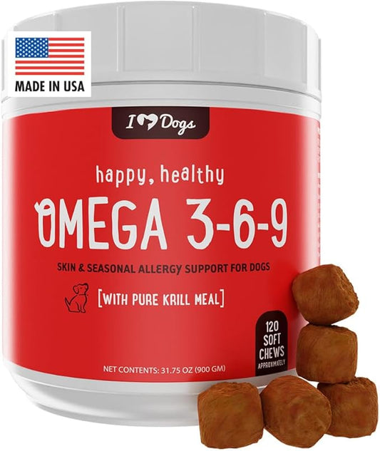 iHeartDogs Omega 3-6-9 for Dogs - Skin and Coat Fish Oil Supplement for Dogs with Pure Antarctic Krill Oil - Allergy & Itchy Skin Relief Chews, 120 Count