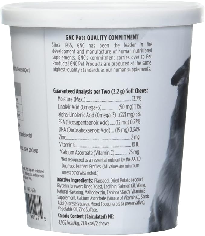 GNC Pets Essentials, Skin & Coat, All Dog 60ct 2.2g Soft Chews | Skin & Coat Soft Chews for Dogs in Bacon Flavor | Dog Supplement with Salmon Oil, Omega Fatty Acids, and EPA & DHA for Skin and Coats