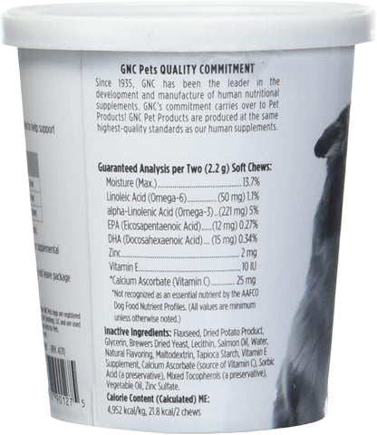 GNC Pets Essentials, Skin & Coat, All Dog 60ct 2.2g Soft Chews | Skin & Coat Soft Chews for Dogs in Bacon Flavor | Dog Supplement with Salmon Oil, Omega Fatty Acids, and EPA & DHA for Skin and Coats