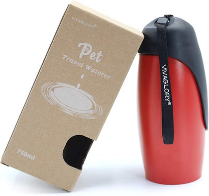 VIVAGLORY Dog Water Bottle, Pet Drinking Bottle, 25oz Portable & Leakproof Stainless Steel Dog Travel Water Bottle Bowl with Large Trough for Walking & Hiking, Red