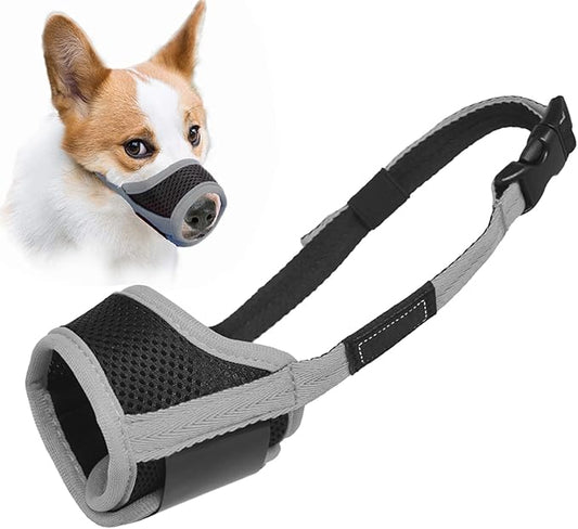 LUCKYPAW Dog Muzzle Anti Biting Barking and Chewing with Comfortable Mesh Soft Fabric and Adjustable Strap, Suitable for Small, Medium and Large Dogs(Gray Trim,XS)