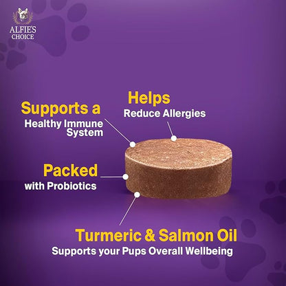 ALFIE'S CHOICE Dog Allergy Relief Chews - Allergy & Itch Relief Dogs Support Supplement, Probiotic Blend with Salmon Oil & Turmeric - Chicken Flavor Dog Allergy Chews Itchy Skin, 12 oz, Appx 160 Count