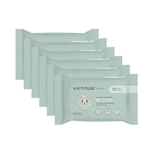 ATTITUDE Pet Grooming Wipes, Hypoallergenic Plant and Mineral-Based Ingredients, Vegan and Cruelty-Free Biodegradable Products, Unscented, 72 count (Pack of 6)