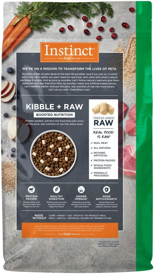 Instinct Raw Boost Whole Grain Dry Dog Food, Natural Real Lamb & Oatmeal Recipe Kibble with Omegas + Freeze Dried Raw Dog Food, 20 lb. Bag