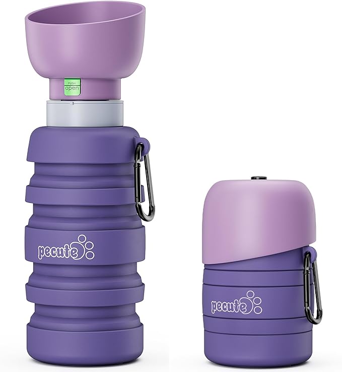 Pecute Dog Water Bottle Portable, 29oz Dog Foldable Water Bottle with Folding Bowl, Carabiner Clip, 5 Levels Capacity, 100% Food Grade Silicone, Dog Water Bottle for Outdoor Walking, Hiking, Travel