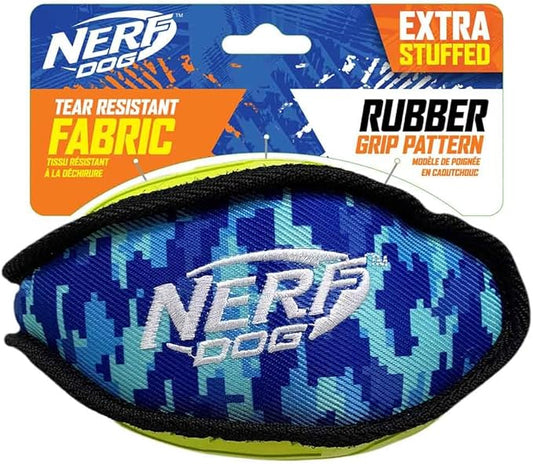 Nerf Dog 7in Tuff Rubber Dog Toy Football, Nylon Camo Plush Football, Green/Blue