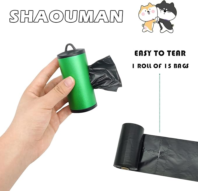 2 Pack Metal Dog Poop Bags Holder Aluminum Poo Bags Dispenser with 30 Black Unscented Pet Waste Bags and 3 Leash Accessories for Dog Walking(2 Holders 30 Bags,Green)